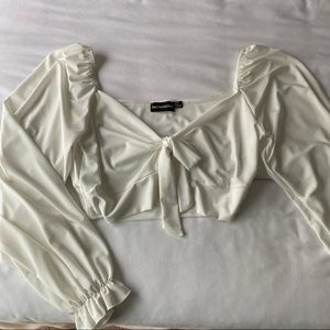 White Puff Long Sleeve Tie Front Crop Top